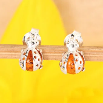 Honey Baltic Amber Sterling Silver Ladybird Stud Earrings Honey Baltic Amber Sterling Silver Ladybird Stud Earrings