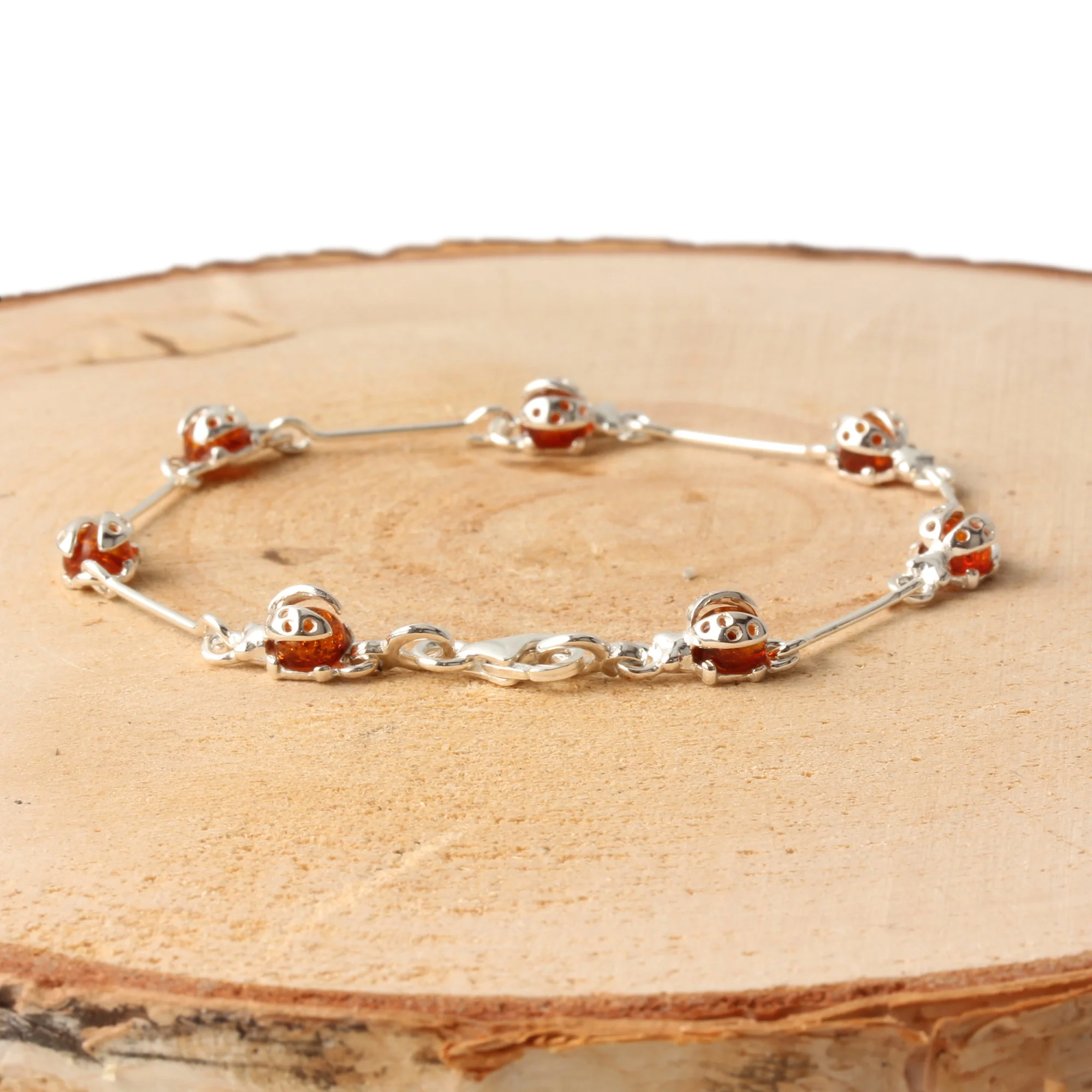 Honey Baltic Amber Sterling Silver Ladybird Bracelet