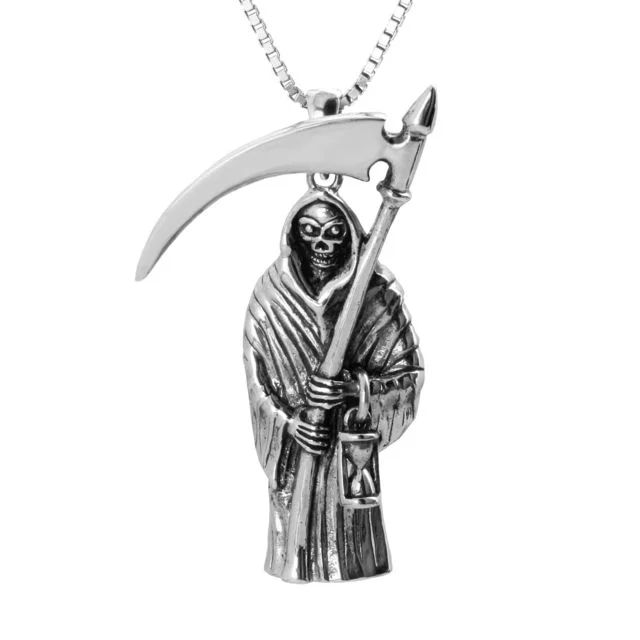 Sterling Silver oxidised Grim Reaper With Hourglass Pendant