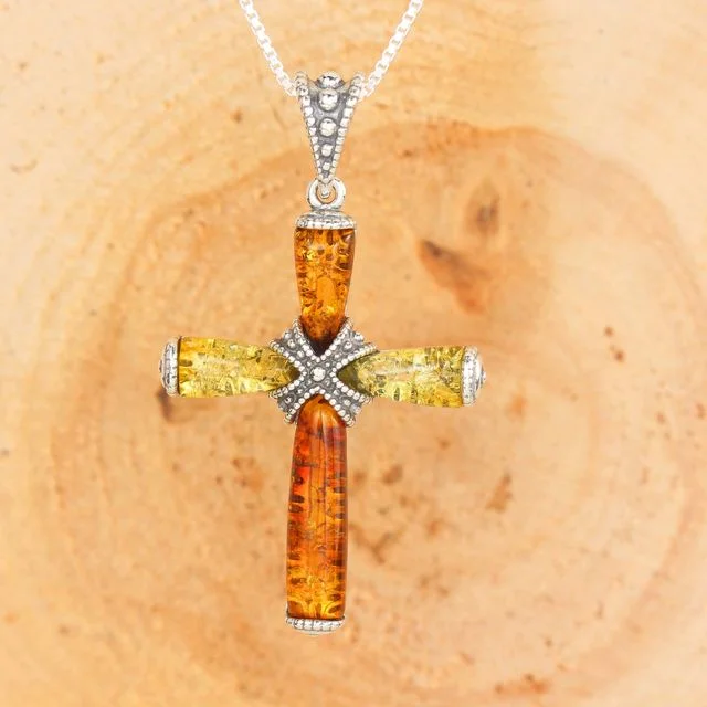 Multicoloured Baltic Amber Cross Sterling Silver Pendant