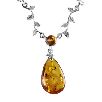 Pear Shaped Baltic Amber Leaves Sterling Silver Necklace