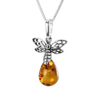 Sterling Silver Bee With Honey Baltic Amber Drop Pendant