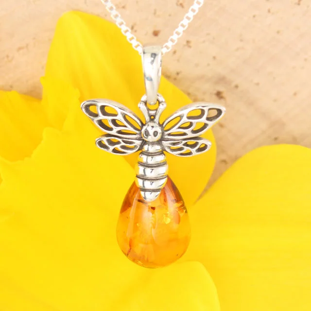 Honey Baltic Amber Bee Sterling Silver Pendant