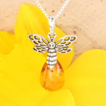 Sterling Silver Bee Pendant With Honey Baltic Amber Drop Sterling Silver Bee Pendant With Honey Baltic Amber Drop