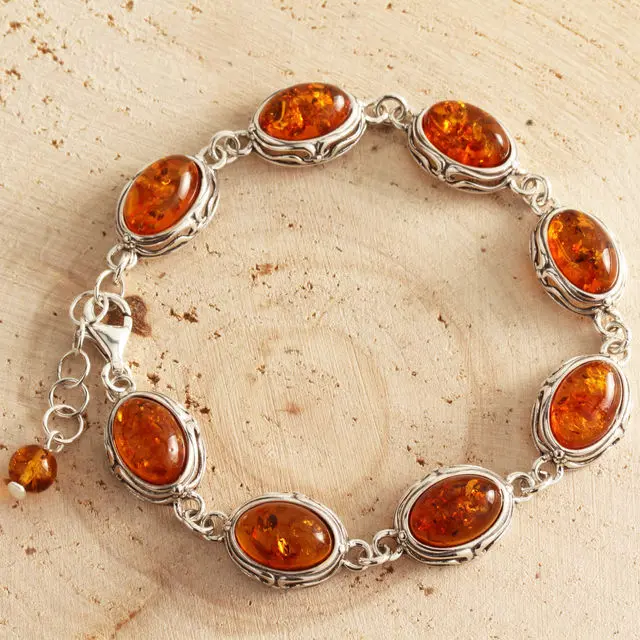 Sterling Silver Honey Baltic Amber Scroll Edge Bracelet