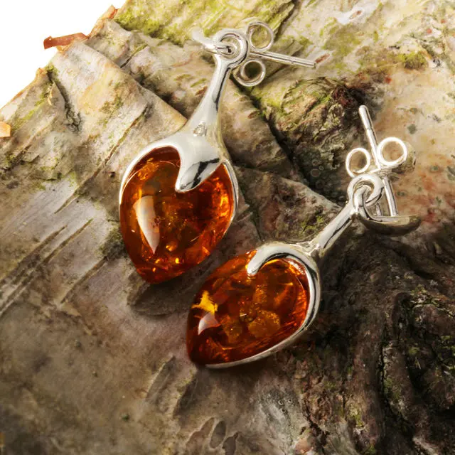 Sterling Silver Cognac Baltic Amber Tulip Bud Drop Earrings