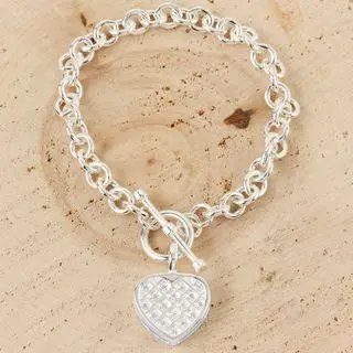 Cubic Zirconia Heart Sterling Silver T-Bar Bracelet