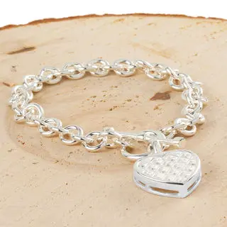 Solid Sterling Silver Cubic Zirconia Heart T-Bar Bracelet