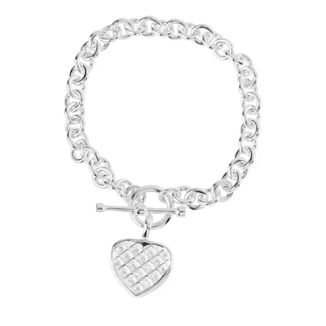 Solid Sterling Silver CZ Heart T-Bar Necklace