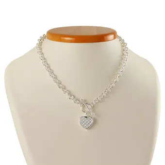 Cubic Zirconia Heart T-Bar Solid Sterling Silver Necklace