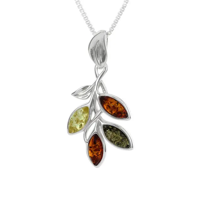 Multicoloured Baltic Amber Polished Sterling Silver Leaves Pendant