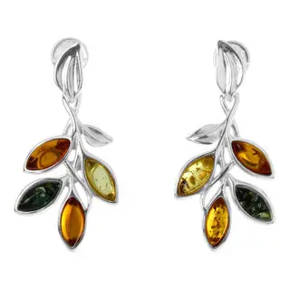 Sterling Silver Multicoloured Baltic Amber Leaves Drop Earrings