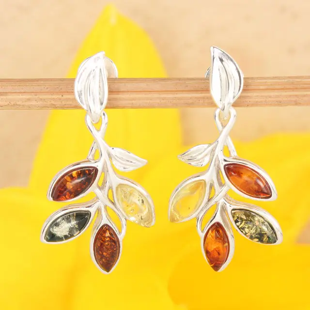 Multicoloured Baltic Amber Sterling Silver Leaves Drop Earrings