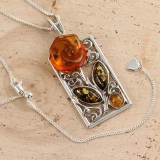 Adjustable-Sterling Silver Baltic Amber Rose Pendant