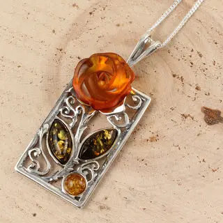 Multicoloured Baltic Amber Sterling Silver Adjustable Rose Pendant