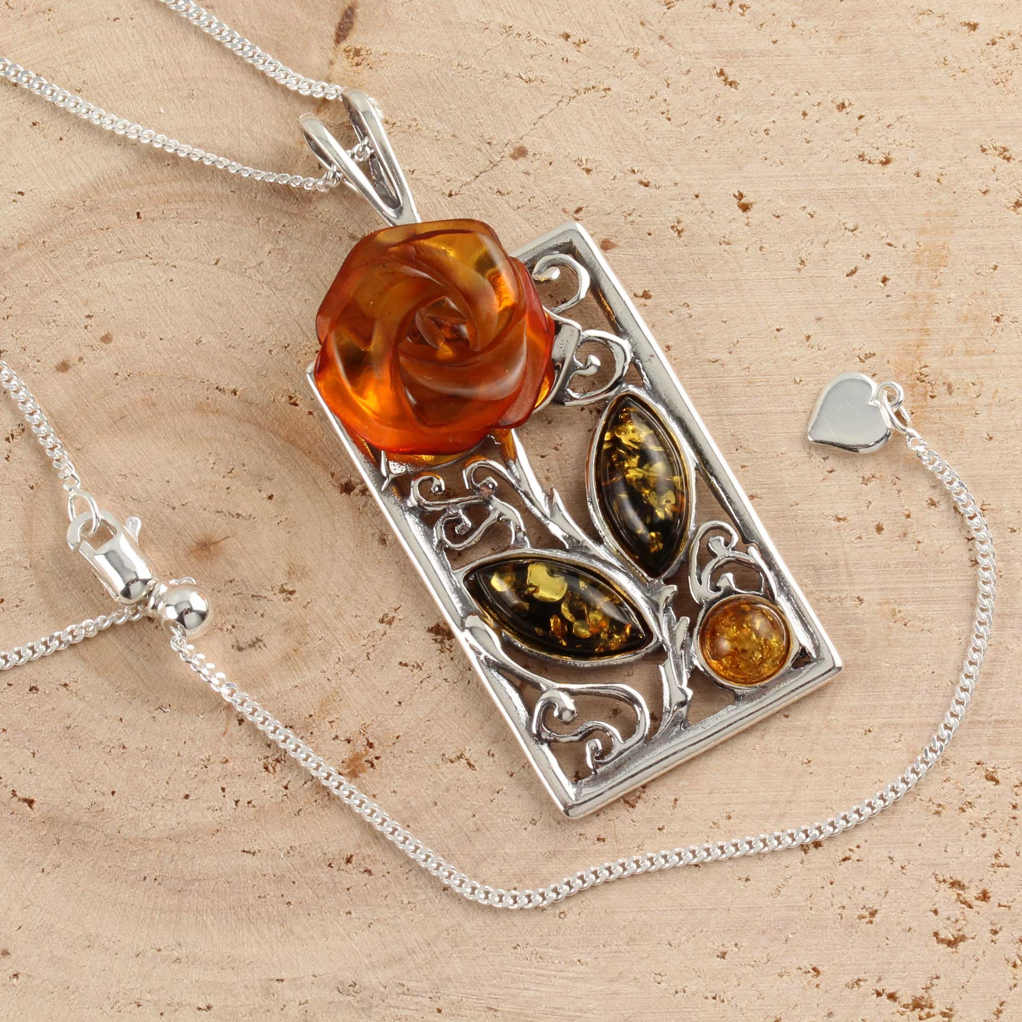 Hand Carved Baltic Amber Rose Sterling 