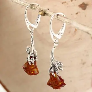 Hand Carved Baltic Amber Rose Sterling Silver Earrings