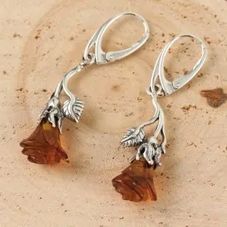 Sterling Silver Cognac Baltic Amber Rose Leverback Earrings