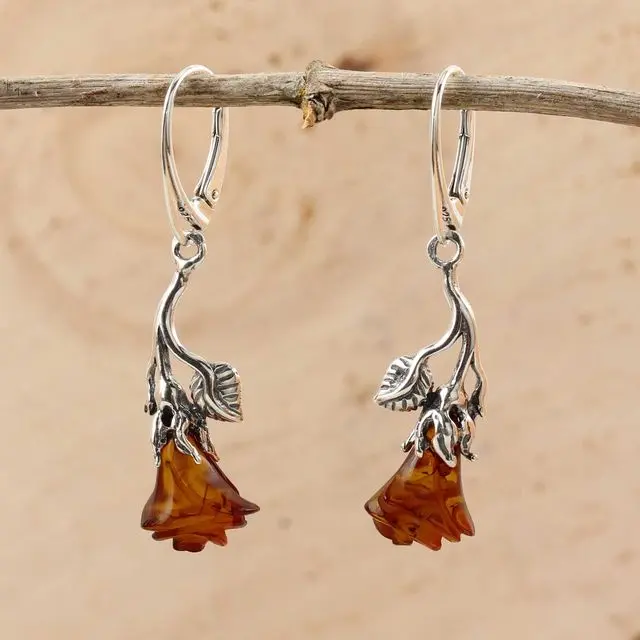 Sterling Silver Hand Carved Baltic Amber Rose Leverback Earrings