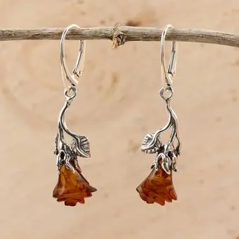 Hand Carved Cognac Baltic Amber Rose Sterling Silver Leverback Earrings Hand Carved Cognac Baltic Amber Rose Sterling Silver Leverback Earrings