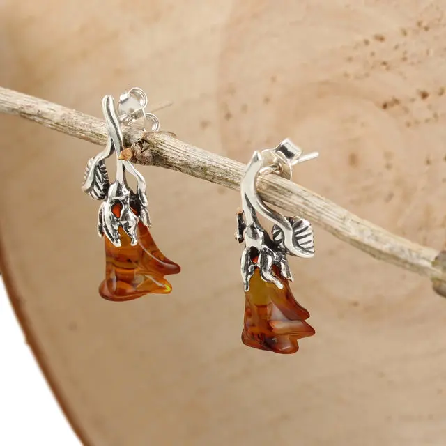 Hand Carved Baltic Amber Rose Sterling Silver Earrings