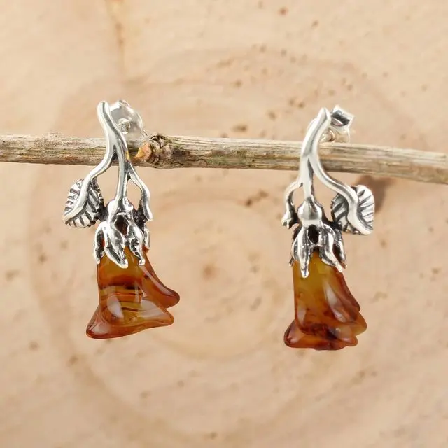 Sterling Silver Hand Carved Cognac Baltic Amber Rose Earrings
