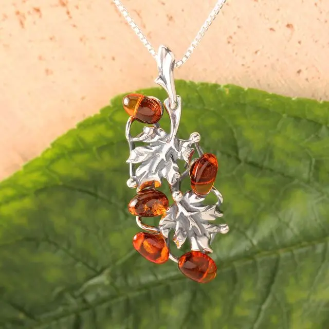 Cognac Baltic Amber Sterling Silver Acorns Pendant