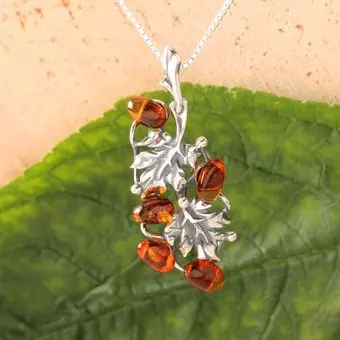 Cognac Baltic Amber Sterling Silver Acorn Leaf Pendant