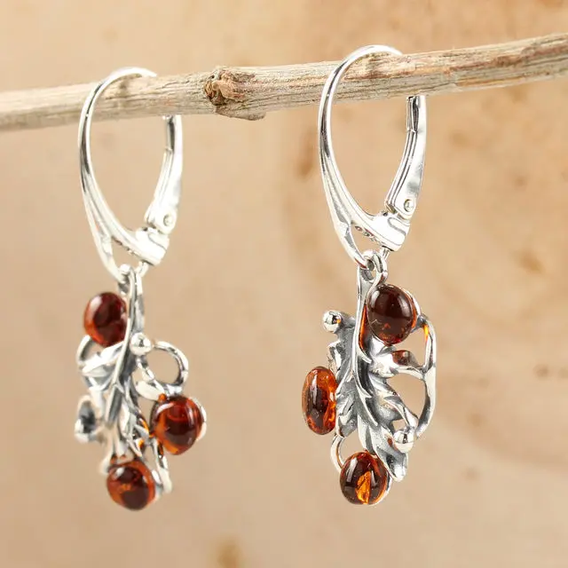 Oxidised Sterling Silver Baltic Amber Acorn Leaf Leverback Earrings