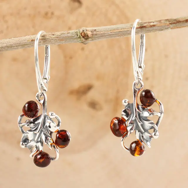 Sterling Silver Cognac Baltic Amber Acorn Leaf Earrings