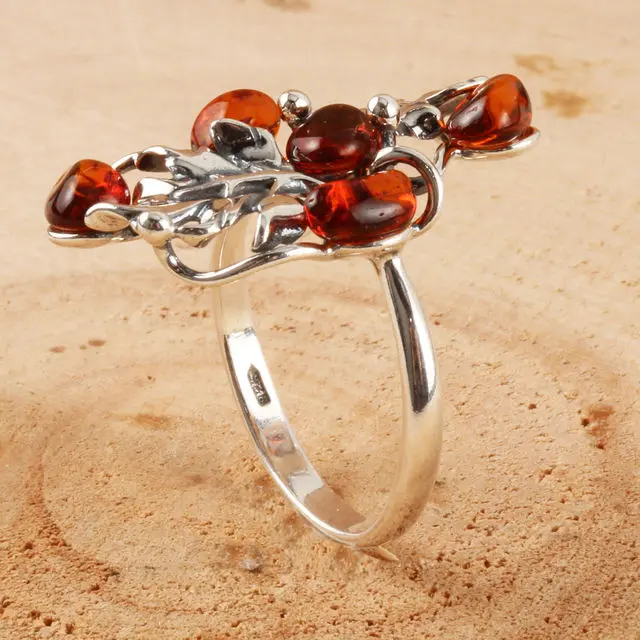 Baltic Amber Acorn Leaf Sterling Silver Ring
