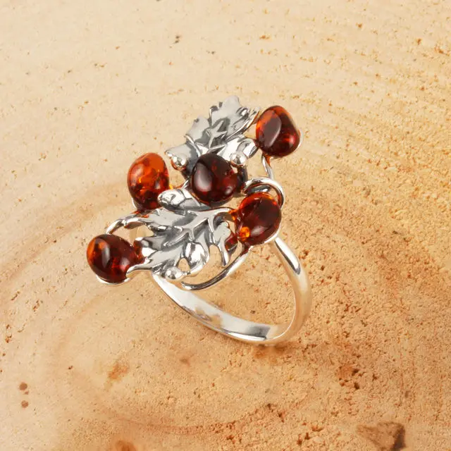 Sterling Silver Cognac Baltic Amber Acorn Leaf Ring