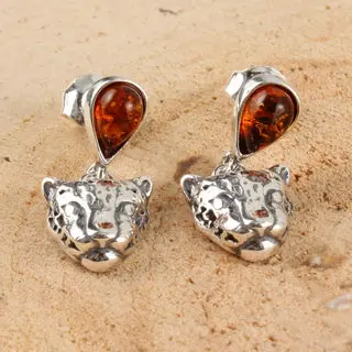 Cognac Baltic Amber Oxidised Sterling Silver Panther Drop Earrings