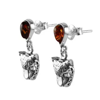 Oxidised Sterling Silver Panther Baltic Amber Drop Earrings