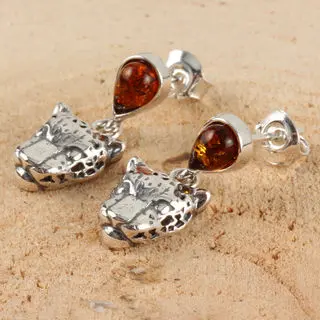 Sterling Silver Cognac Baltic Amber Panther Earrings