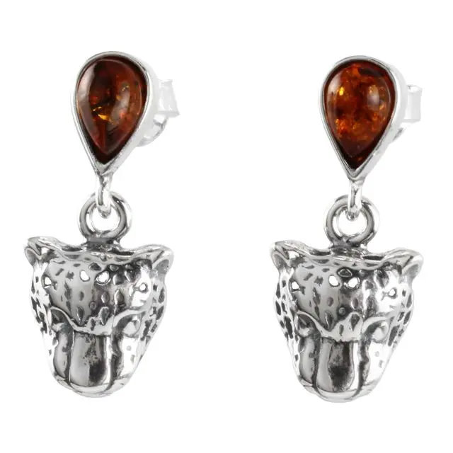 Cognac Baltic Amber Sterling Silver Oxidised Panther Earrings