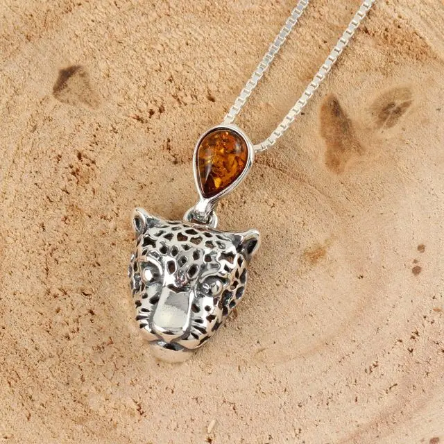 Sterling Silver Baltic Amber Oxidised Panther Pendant