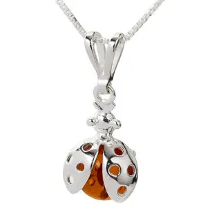 Polished Sterling Silver Honey Baltic Amber Ladybird Pendant