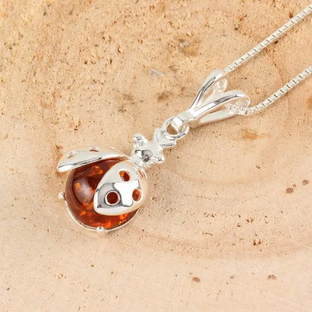 Sterling Silver Honey Baltic Amber Ladybird Pendant