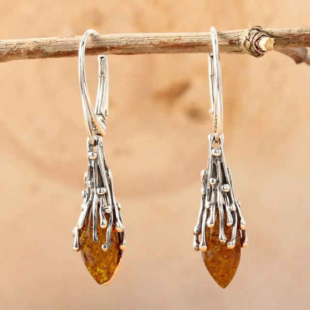 Sterling Silver Cognac Baltic Amber Cascade Earrings