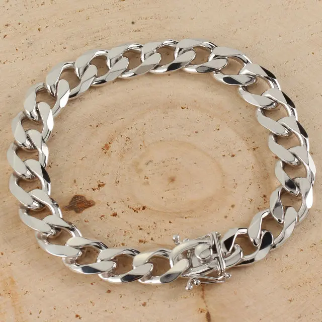 10mm Wide Heavy Rhodium Plated Solid Sterling Silver Curb Bracelet