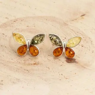 Sterling Silver Multicoloured Baltic Amber Butterfly Earrings