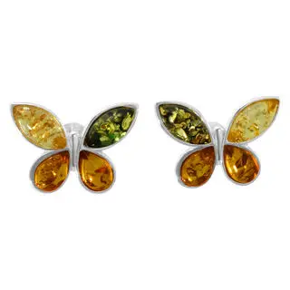 Sterling Silver Multicoloured Baltic Amber Butterfly Earrings