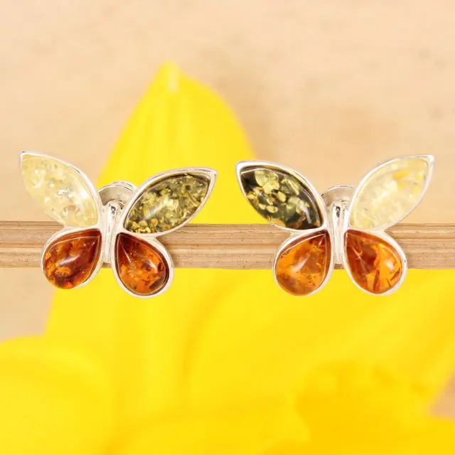 Multicoloured Baltic Amber Butterfly Sterling Silver Earrings