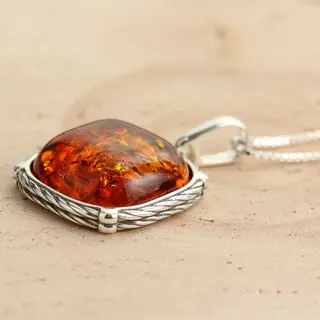 Honey Baltic Amber Sterling Silver Rope Pendant