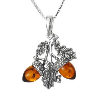 Honey Baltic Amber Double Acorn Sterling Silver Pendant