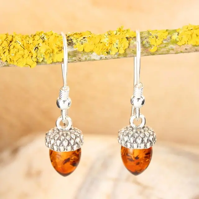 Honey Baltic Amber Acorn Sterling Silver Drop Earrings