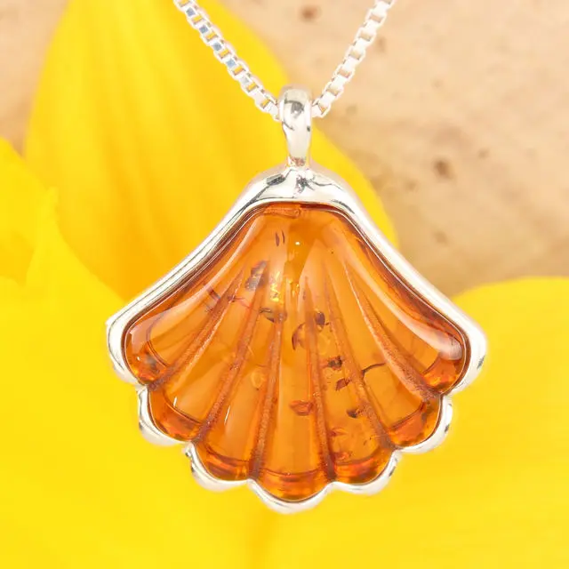 Honey Baltic Amber Shell Sterling SIlver Pendant