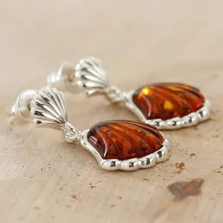 Honey Baltic Amber Highly Polished Sterling Silver Shell Earrings