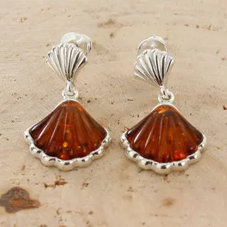 Polished Sterling Silver Honey Baltic Amber Shell Earrings